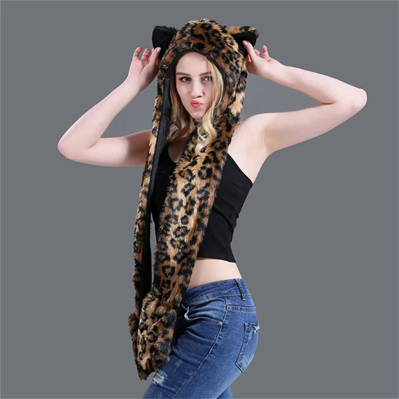 LaMaxPa Fashion Animal Women Scarf, Hat & Glove Sets 1Pcs Faux Fur Winter Warm Shawls and Wraps Hooded Fluffy Plush Dropshipping