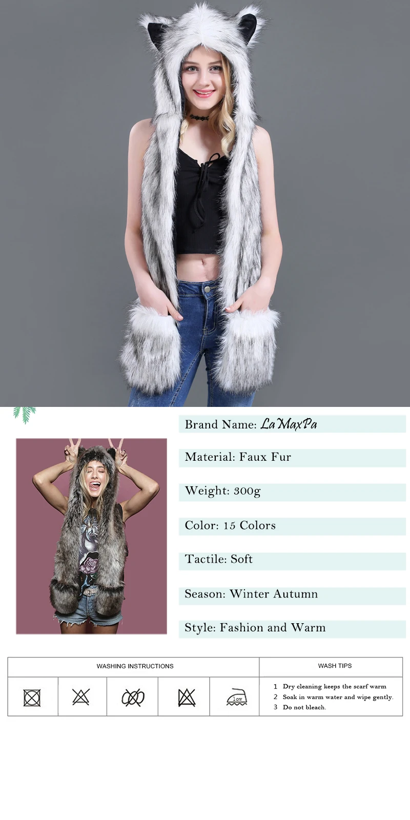 LaMaxPa Fashion Animal Women Scarf, Hat & Glove Sets 1Pcs Faux Fur Winter Warm Shawls and Wraps Hooded Fluffy Plush Dropshipping
