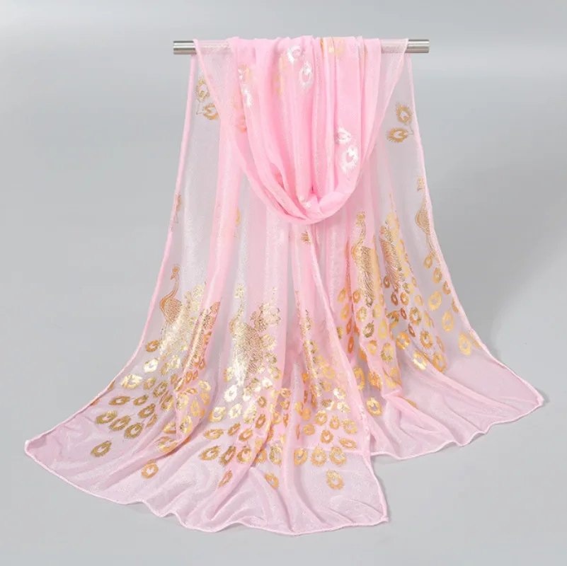 Ultra-thin and Soft Beach Scarf with Golden Peacock Feather Print for Travel and Vacation Sun Protection Shawl