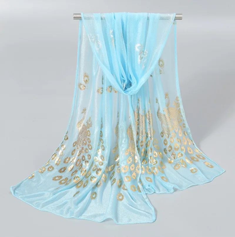 Ultra-thin and Soft Beach Scarf with Golden Peacock Feather Print for Travel and Vacation Sun Protection Shawl