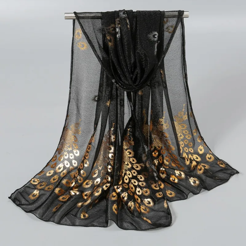 Ultra-thin and Soft Beach Scarf with Golden Peacock Feather Print for Travel and Vacation Sun Protection Shawl