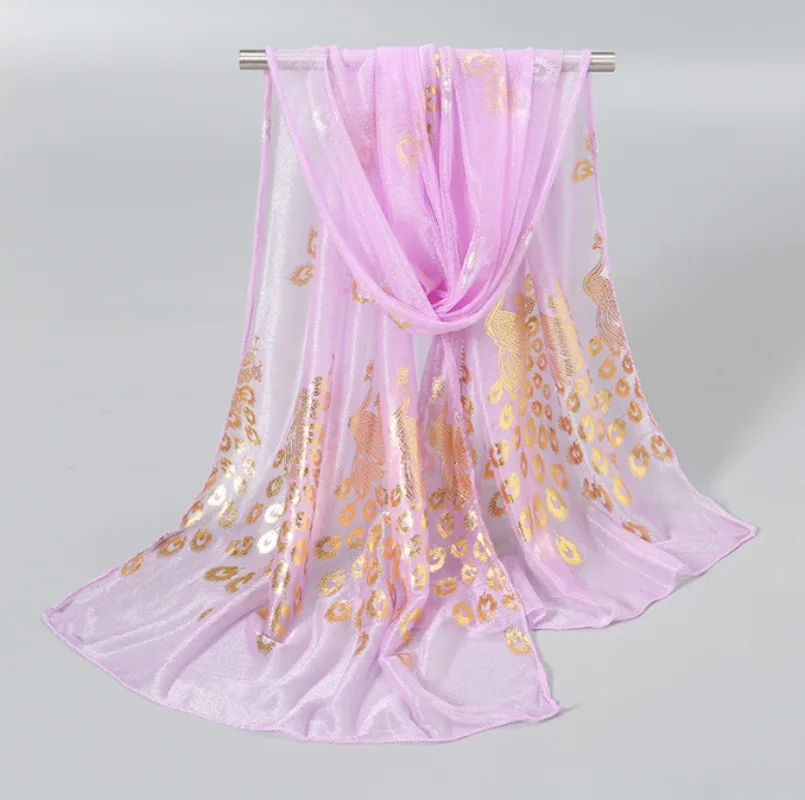Ultra-thin and Soft Beach Scarf with Golden Peacock Feather Print for Travel and Vacation Sun Protection Shawl