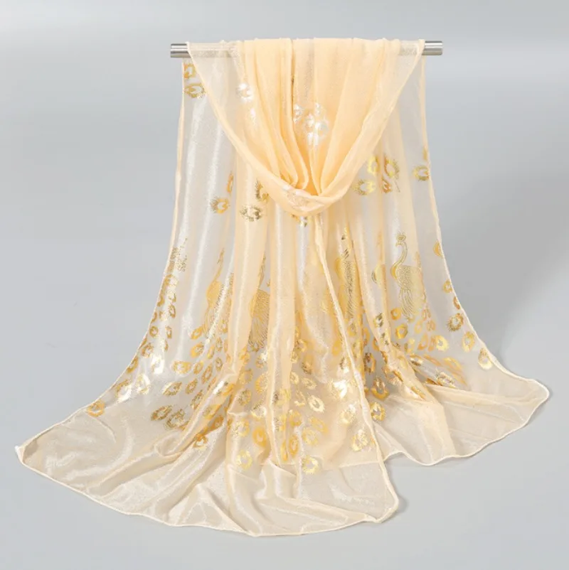 Ultra-thin and Soft Beach Scarf with Golden Peacock Feather Print for Travel and Vacation Sun Protection Shawl
