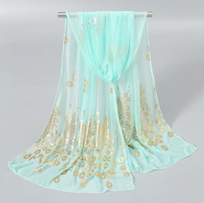 Ultra-thin and Soft Beach Scarf with Golden Peacock Feather Print for Travel and Vacation Sun Protection Shawl
