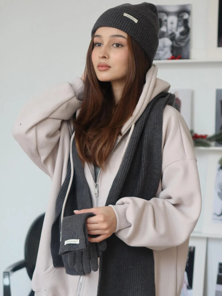 Women's Winter Knitted Hat Scarf Gloves Set Gray Burgundy Comfortable Soft 3 Pcs Casual Warm Hat Set for Women