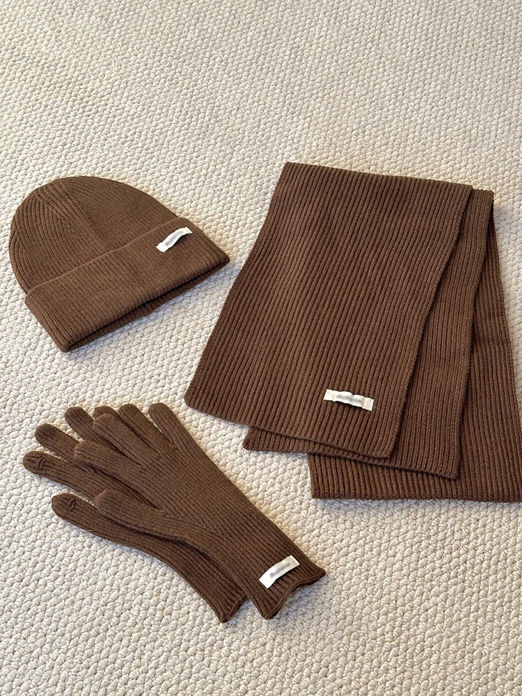 Women's Winter Knitted Hat Scarf Gloves Set Gray Burgundy Comfortable Soft 3 Pcs Casual Warm Hat Set for Women