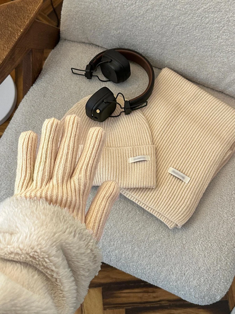 Women's Winter Knitted Hat Scarf Gloves Set Gray Burgundy Comfortable Soft 3 Pcs Casual Warm Hat Set for Women
