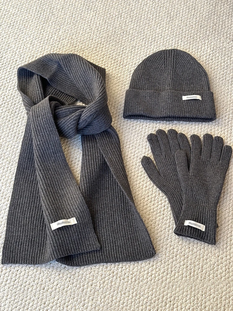 Women's Winter Knitted Hat Scarf Gloves Set Gray Burgundy Comfortable Soft 3 Pcs Casual Warm Hat Set for Women