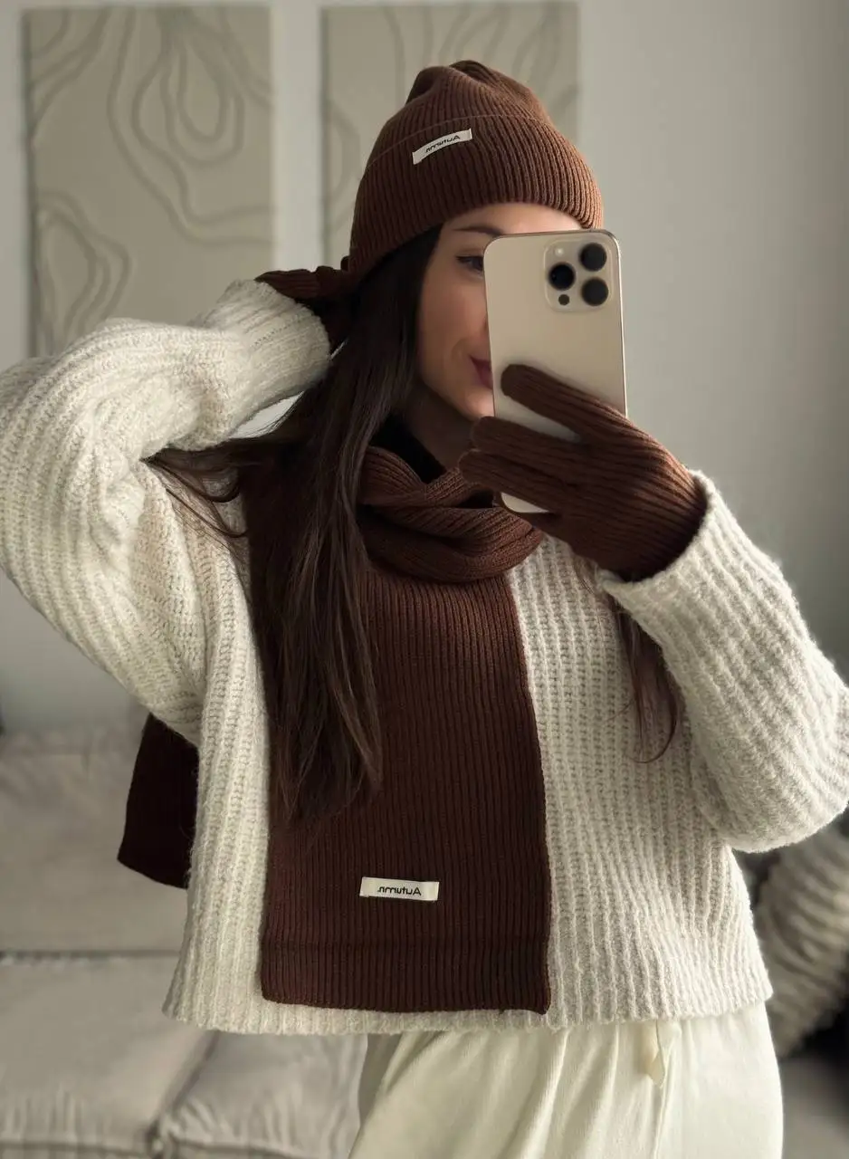 Women's Winter Knitted Hat Scarf Gloves Set Gray Burgundy Comfortable Soft 3 Pcs Casual Warm Hat Set for Women