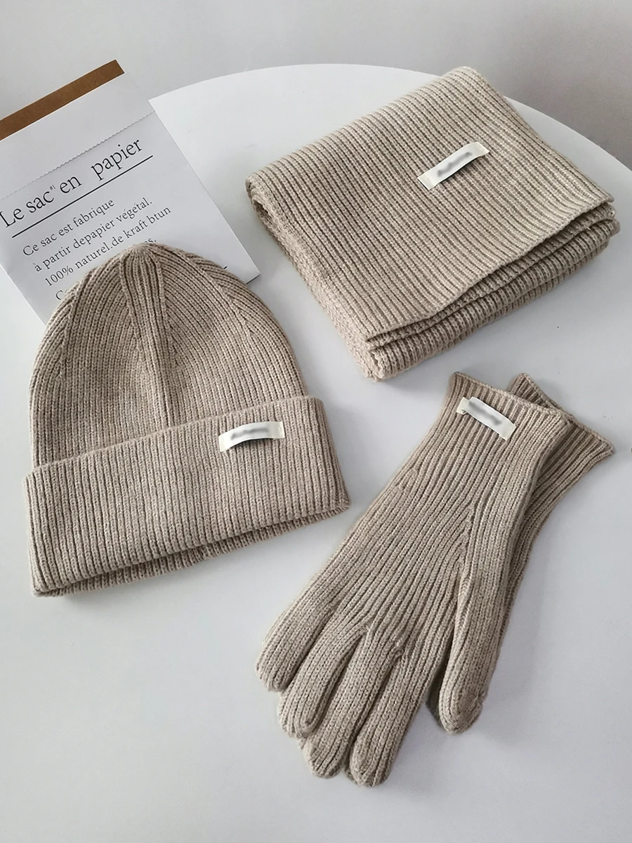 Women's Winter Knitted Hat Scarf Gloves Set Gray Burgundy Comfortable Soft 3 Pcs Casual Warm Hat Set for Women