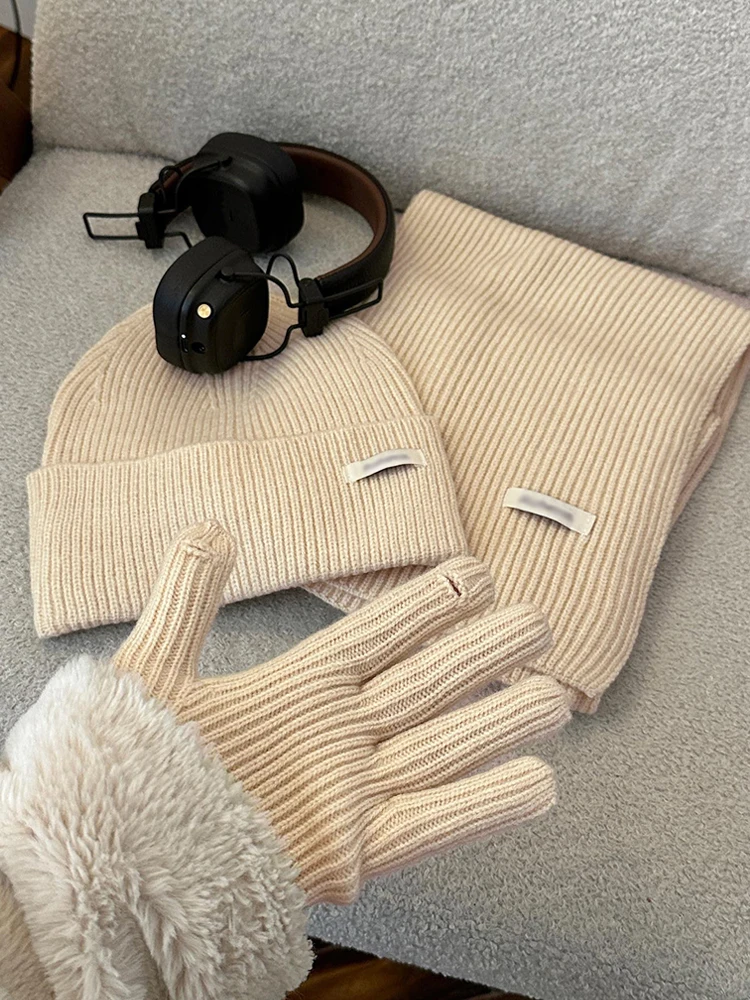 Women's Winter Knitted Hat Scarf Gloves Set Gray Burgundy Comfortable Soft 3 Pcs Casual Warm Hat Set for Women