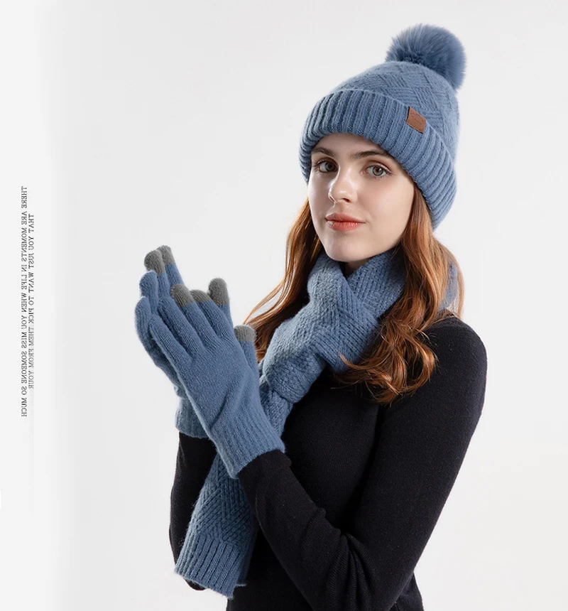 Xinbaoguan 100% Acrylic 9988 Winter Korean Edition Fashion Knitted Wool Warm Hat Scarf Glove 3-Piece Set Ear Protection Hoodie