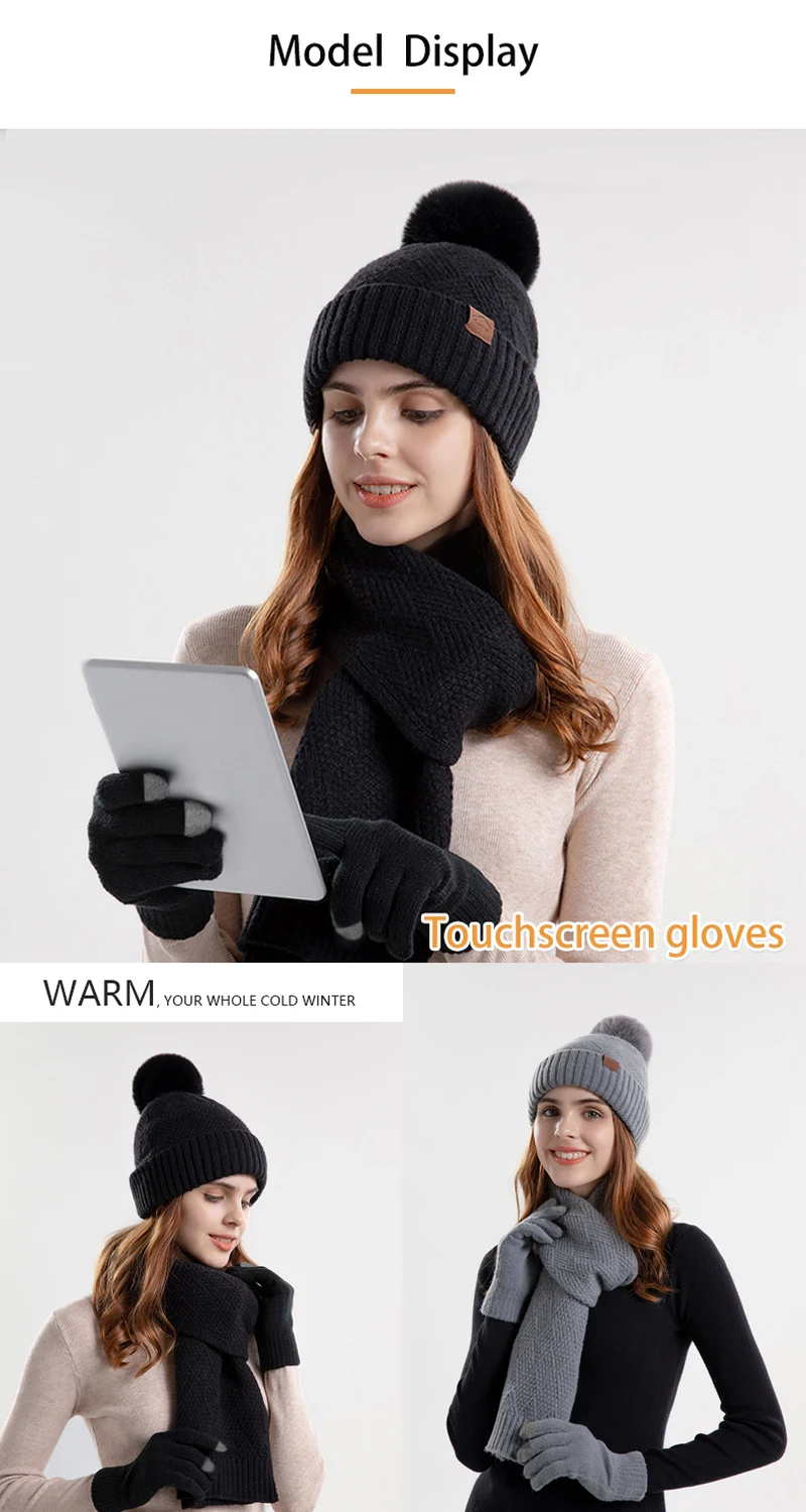 Xinbaoguan 100% Acrylic 9988 Winter Korean Edition Fashion Knitted Wool Warm Hat Scarf Glove 3-Piece Set Ear Protection Hoodie