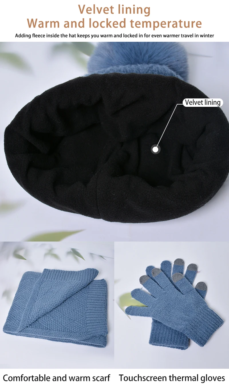 Xinbaoguan 100% Acrylic 9988 Winter Korean Edition Fashion Knitted Wool Warm Hat Scarf Glove 3-Piece Set Ear Protection Hoodie