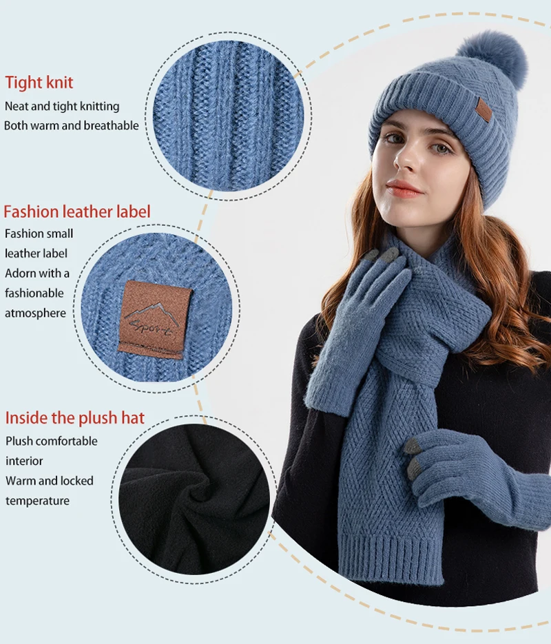 Xinbaoguan 100% Acrylic 9988 Winter Korean Edition Fashion Knitted Wool Warm Hat Scarf Glove 3-Piece Set Ear Protection Hoodie