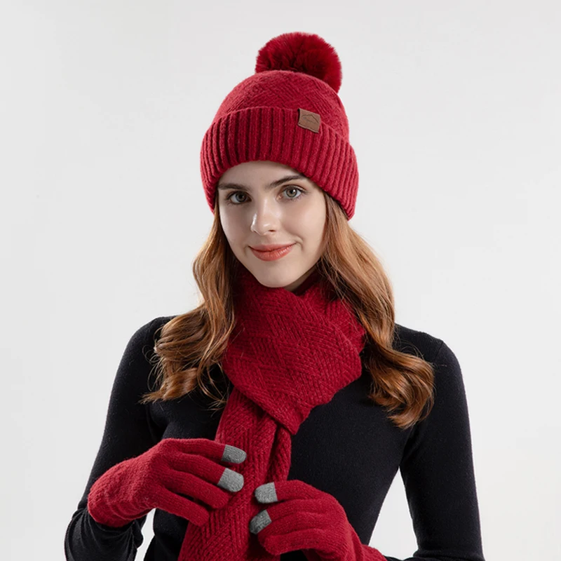 Xinbaoguan 100% Acrylic 9988 Winter Korean Edition Fashion Knitted Wool Warm Hat Scarf Glove 3-Piece Set Ear Protection Hoodie