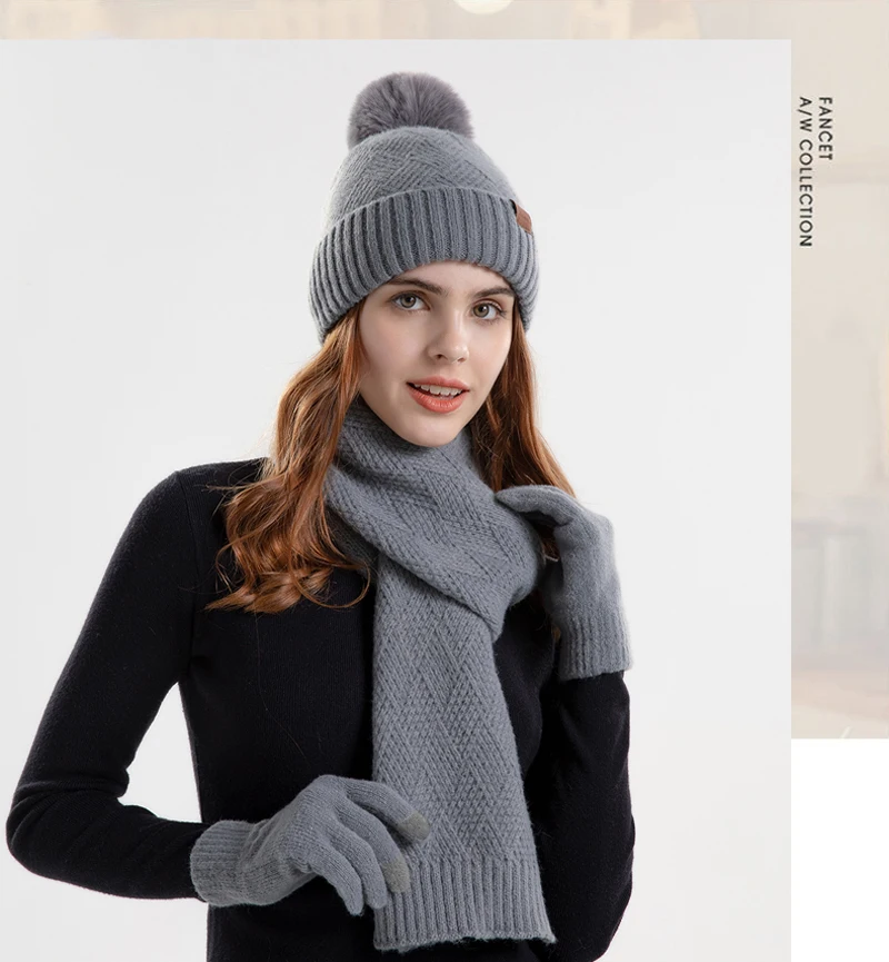 Xinbaoguan 100% Acrylic 9988 Winter Korean Edition Fashion Knitted Wool Warm Hat Scarf Glove 3-Piece Set Ear Protection Hoodie