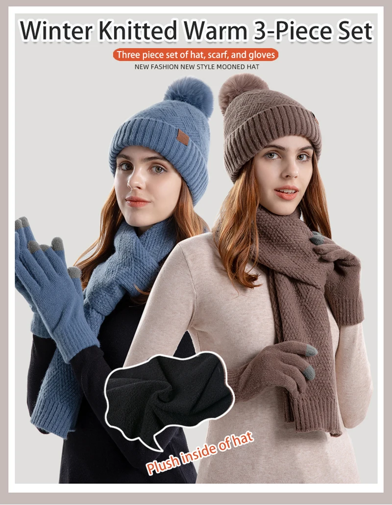 Xinbaoguan 100% Acrylic 9988 Winter Korean Edition Fashion Knitted Wool Warm Hat Scarf Glove 3-Piece Set Ear Protection Hoodie