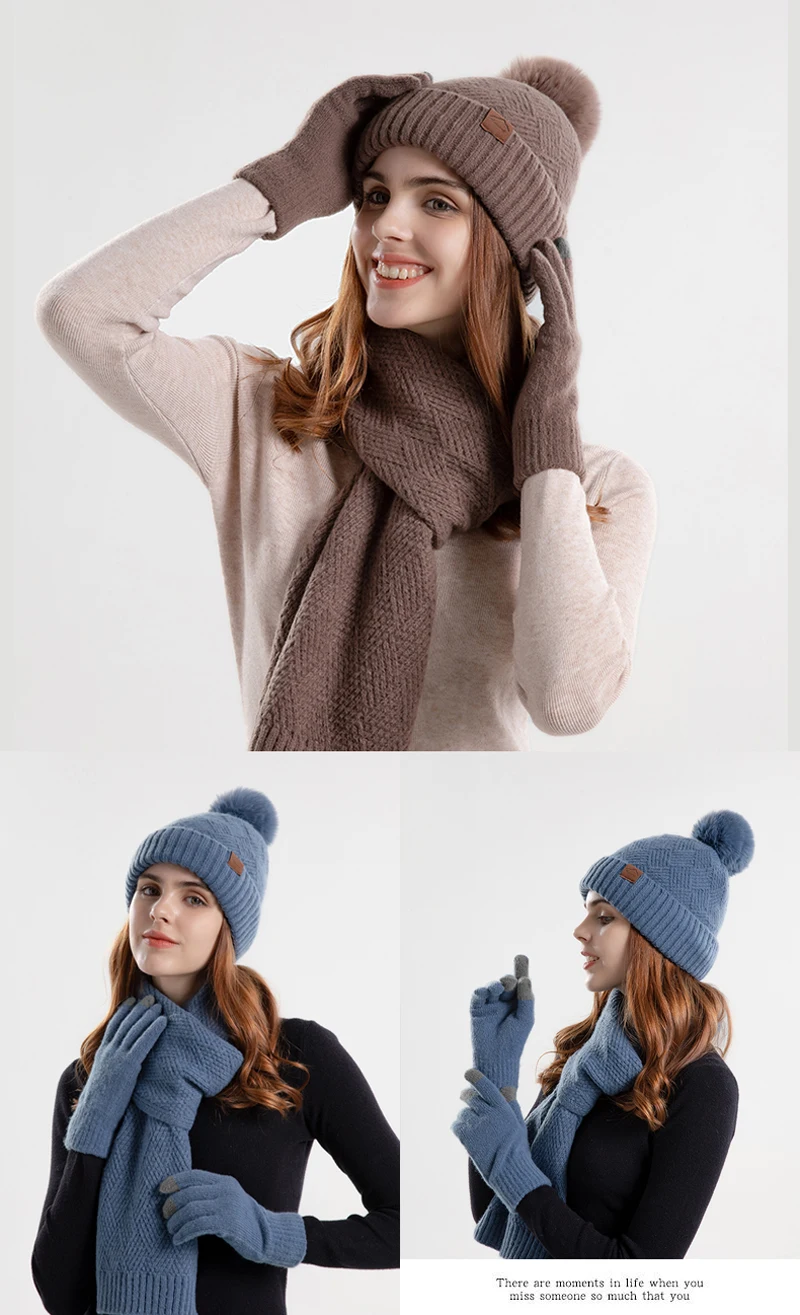Xinbaoguan 100% Acrylic 9988 Winter Korean Edition Fashion Knitted Wool Warm Hat Scarf Glove 3-Piece Set Ear Protection Hoodie