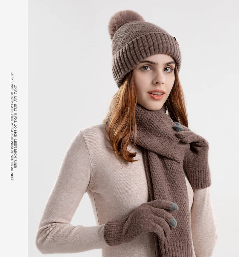 Xinbaoguan 100% Acrylic 9988 Winter Korean Edition Fashion Knitted Wool Warm Hat Scarf Glove 3-Piece Set Ear Protection Hoodie