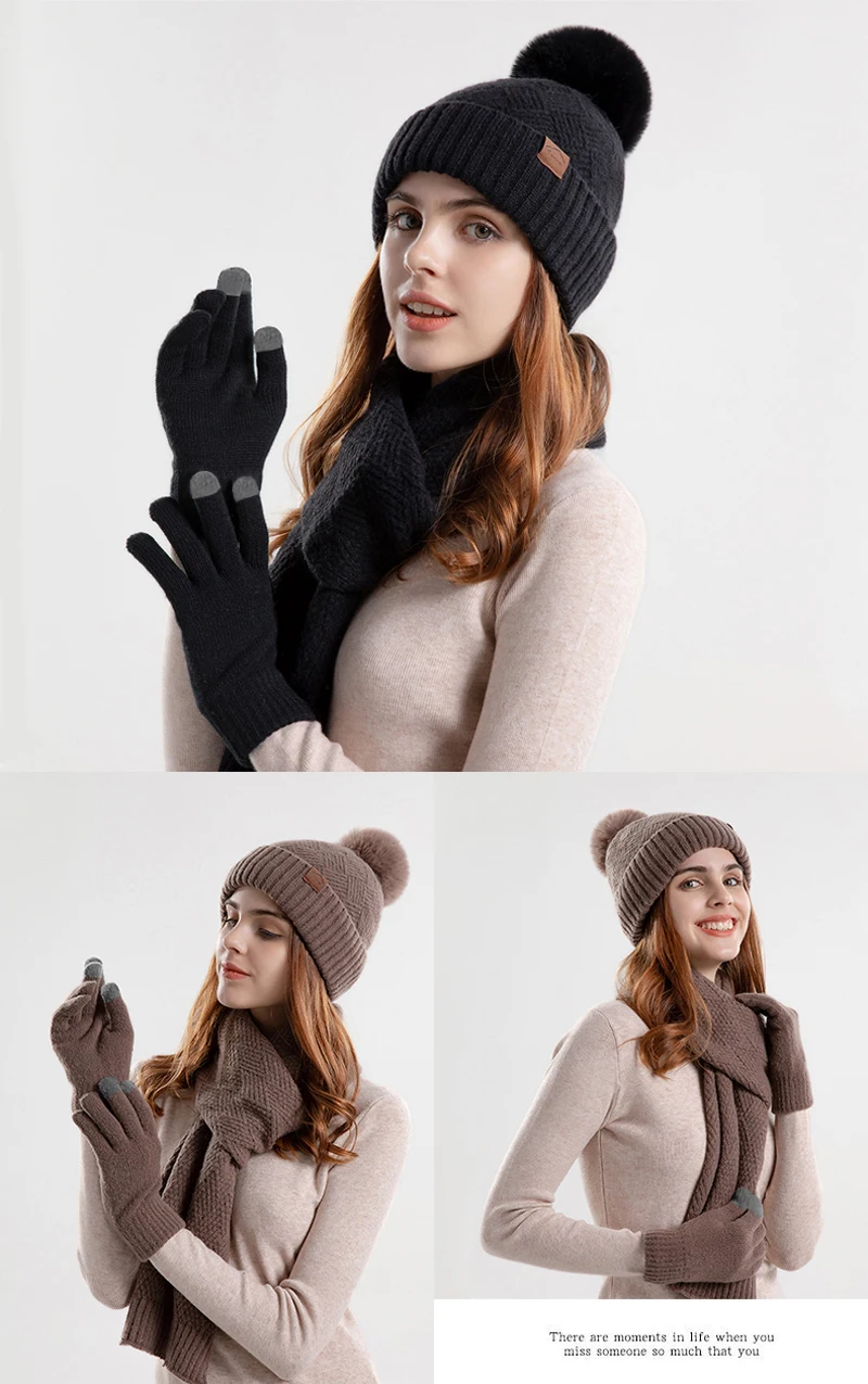 Xinbaoguan 100% Acrylic 9988 Winter Korean Edition Fashion Knitted Wool Warm Hat Scarf Glove 3-Piece Set Ear Protection Hoodie