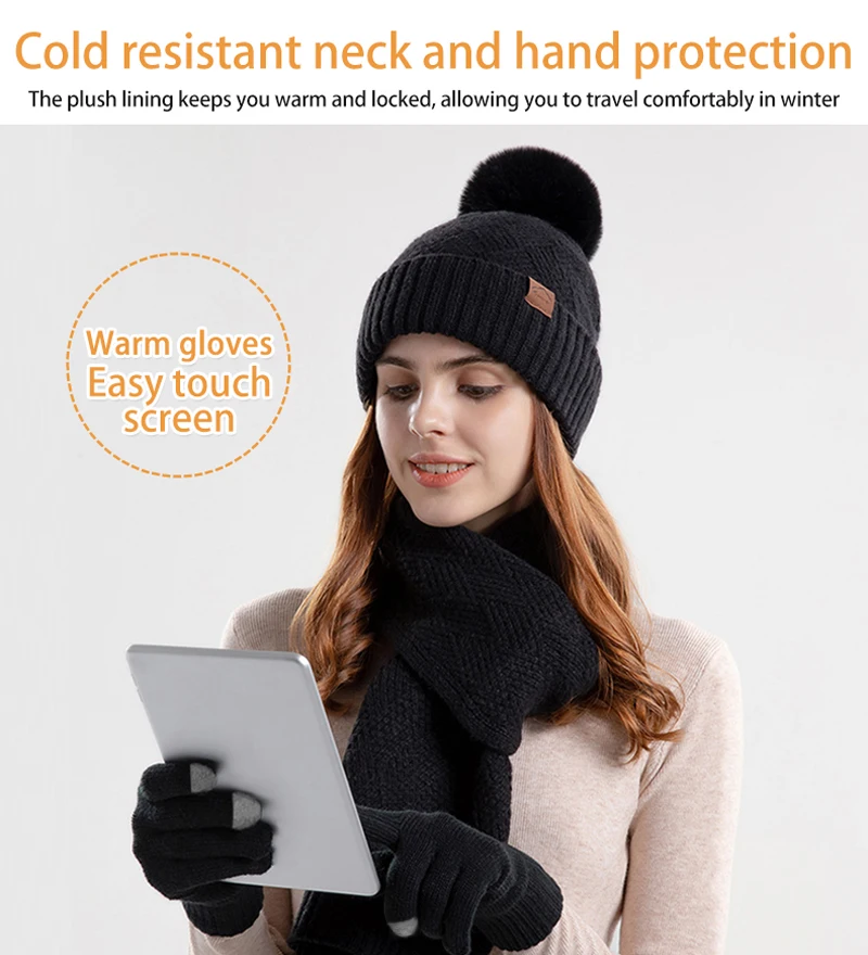 Xinbaoguan 100% Acrylic 9988 Winter Korean Edition Fashion Knitted Wool Warm Hat Scarf Glove 3-Piece Set Ear Protection Hoodie