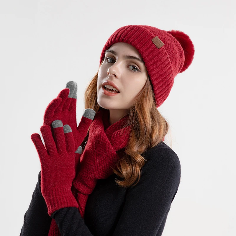 Xinbaoguan 100% Acrylic 9988 Winter Korean Edition Fashion Knitted Wool Warm Hat Scarf Glove 3-Piece Set Ear Protection Hoodie
