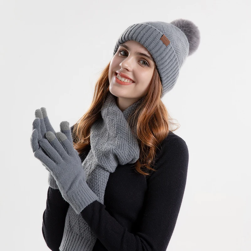 Xinbaoguan 100% Acrylic 9988 Winter Korean Edition Fashion Knitted Wool Warm Hat Scarf Glove 3-Piece Set Ear Protection Hoodie