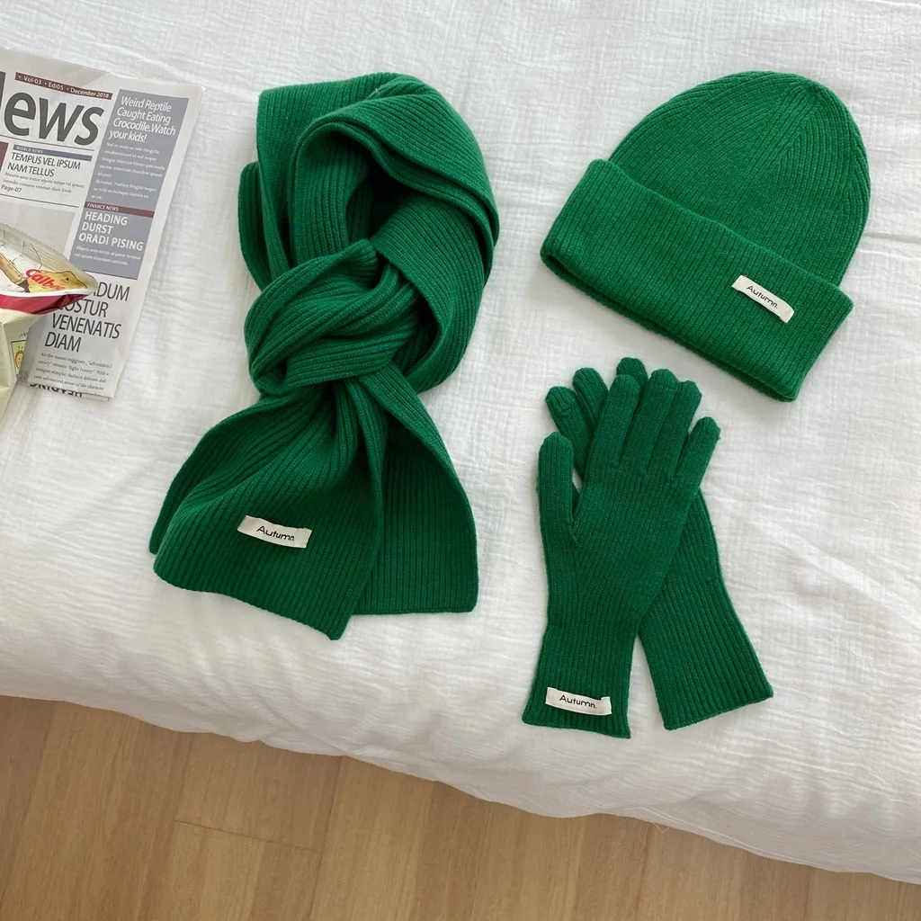 Women's Solid Knitted Hat, Scarf, Glove Set, Warm, Autumn, Winter, 2024