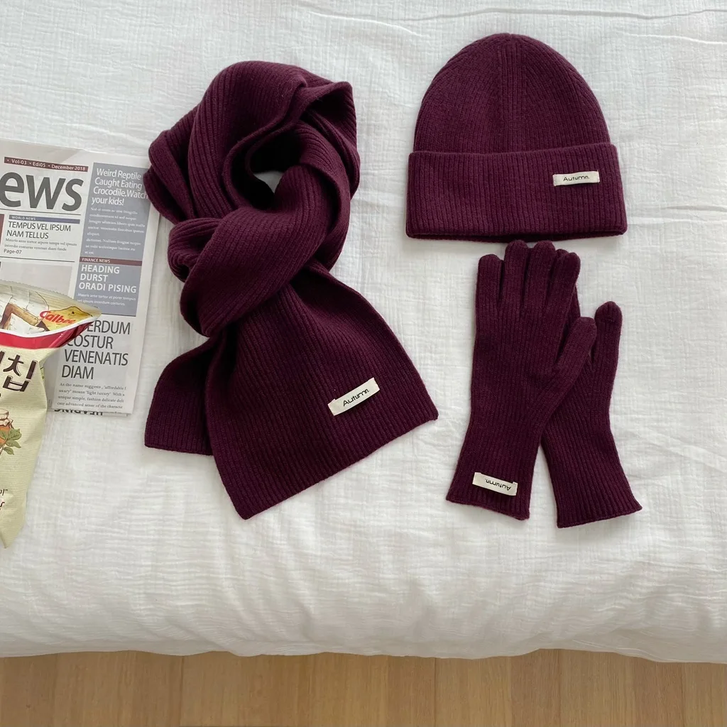Women's Solid Knitted Hat, Scarf, Glove Set, Warm, Autumn, Winter, 2024