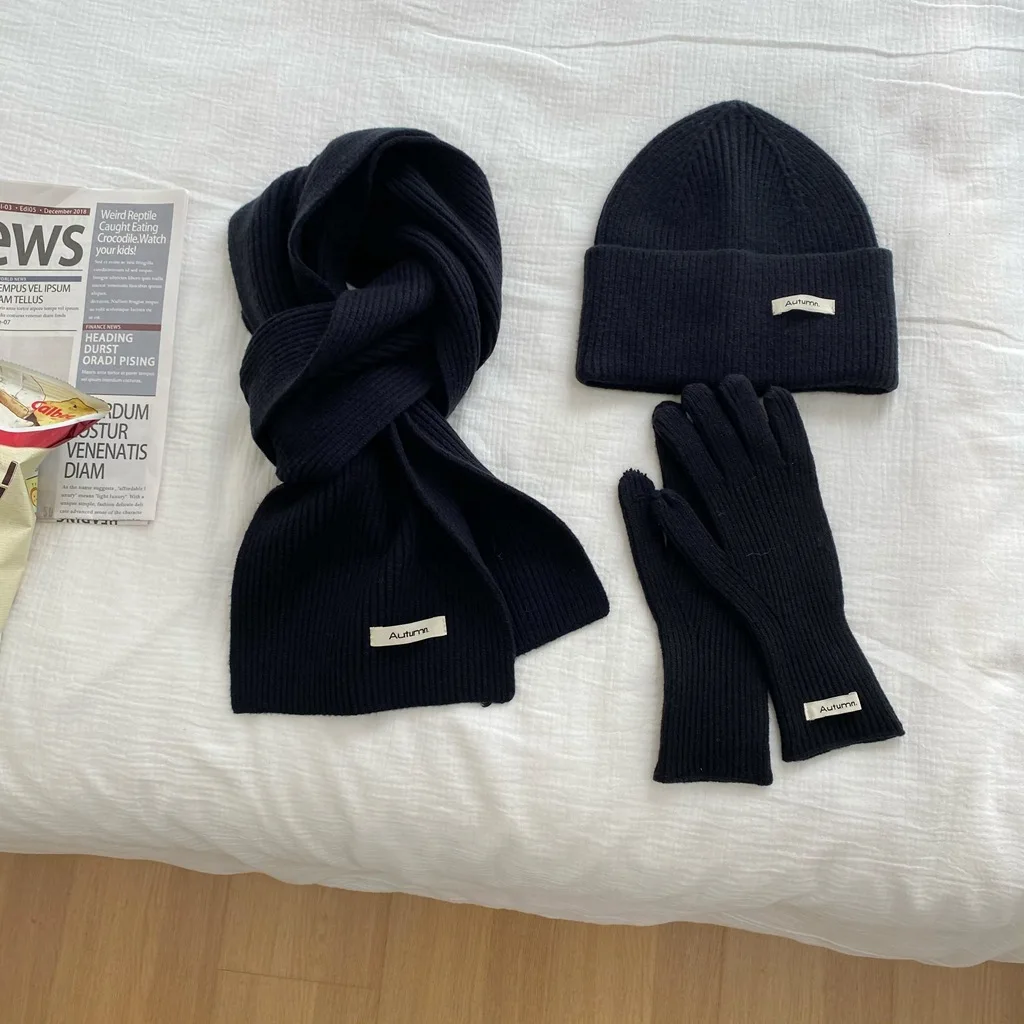 Women's Solid Knitted Hat, Scarf, Glove Set, Warm, Autumn, Winter, 2024