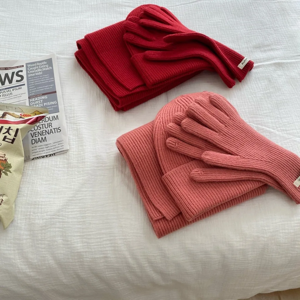Women's Solid Knitted Hat, Scarf, Glove Set, Warm, Autumn, Winter, 2024