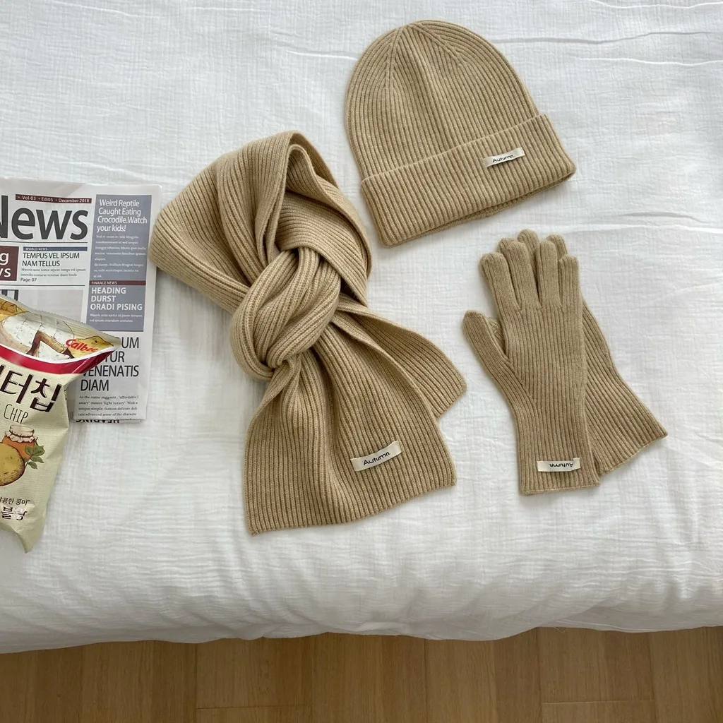 Women's Solid Knitted Hat, Scarf, Glove Set, Warm, Autumn, Winter, 2024