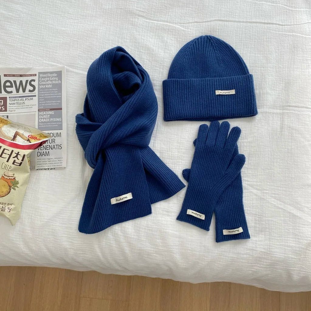 Women's Solid Knitted Hat, Scarf, Glove Set, Warm, Autumn, Winter, 2024