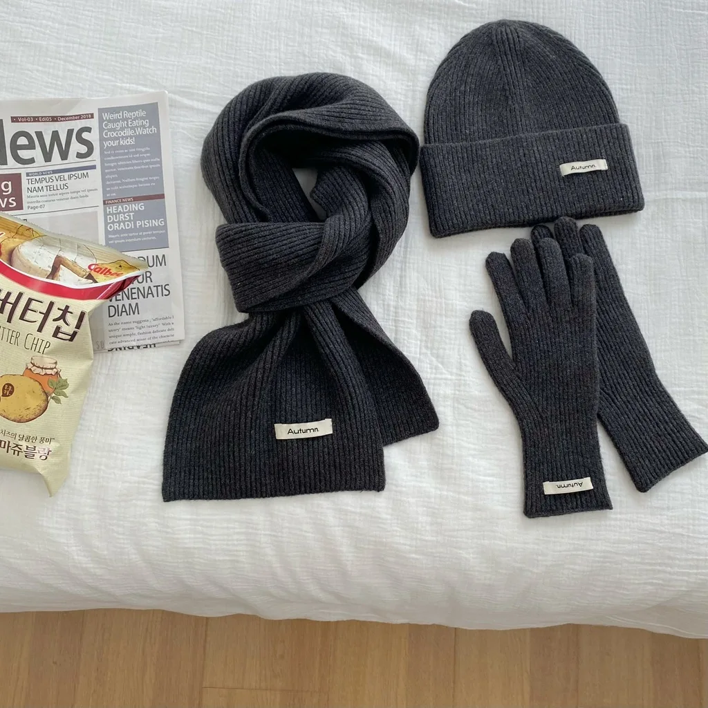 Women's Solid Knitted Hat, Scarf, Glove Set, Warm, Autumn, Winter, 2024
