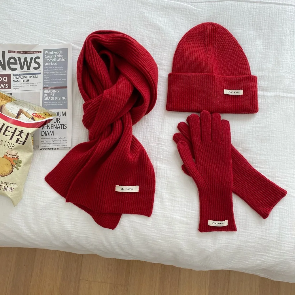 Women's Solid Knitted Hat, Scarf, Glove Set, Warm, Autumn, Winter, 2024