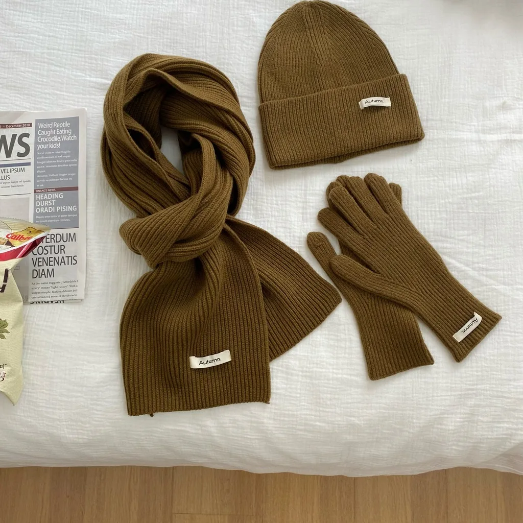 Women's Solid Knitted Hat, Scarf, Glove Set, Warm, Autumn, Winter, 2024