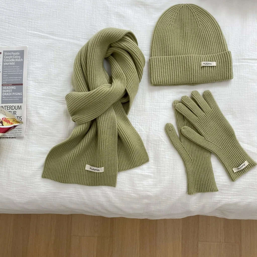 Women's Solid Knitted Hat, Scarf, Glove Set, Warm, Autumn, Winter, 2024