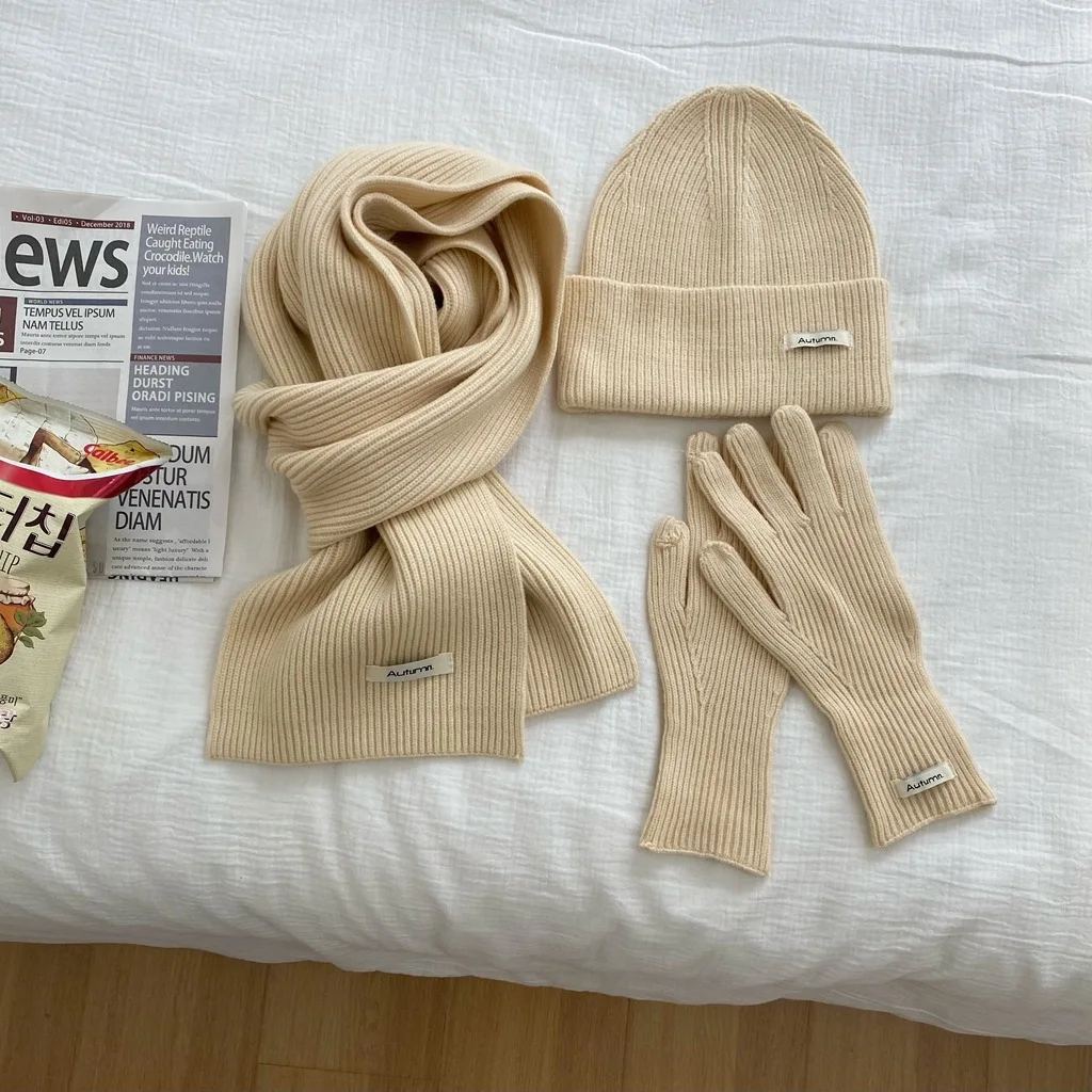 Women's Solid Knitted Hat, Scarf, Glove Set, Warm, Autumn, Winter, 2024