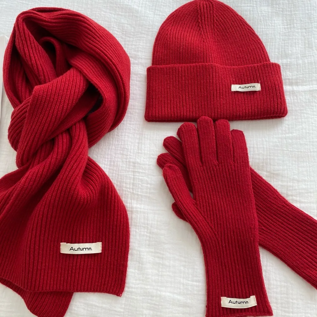 Women's Solid Knitted Hat, Scarf, Glove Set, Warm, Autumn, Winter, 2024