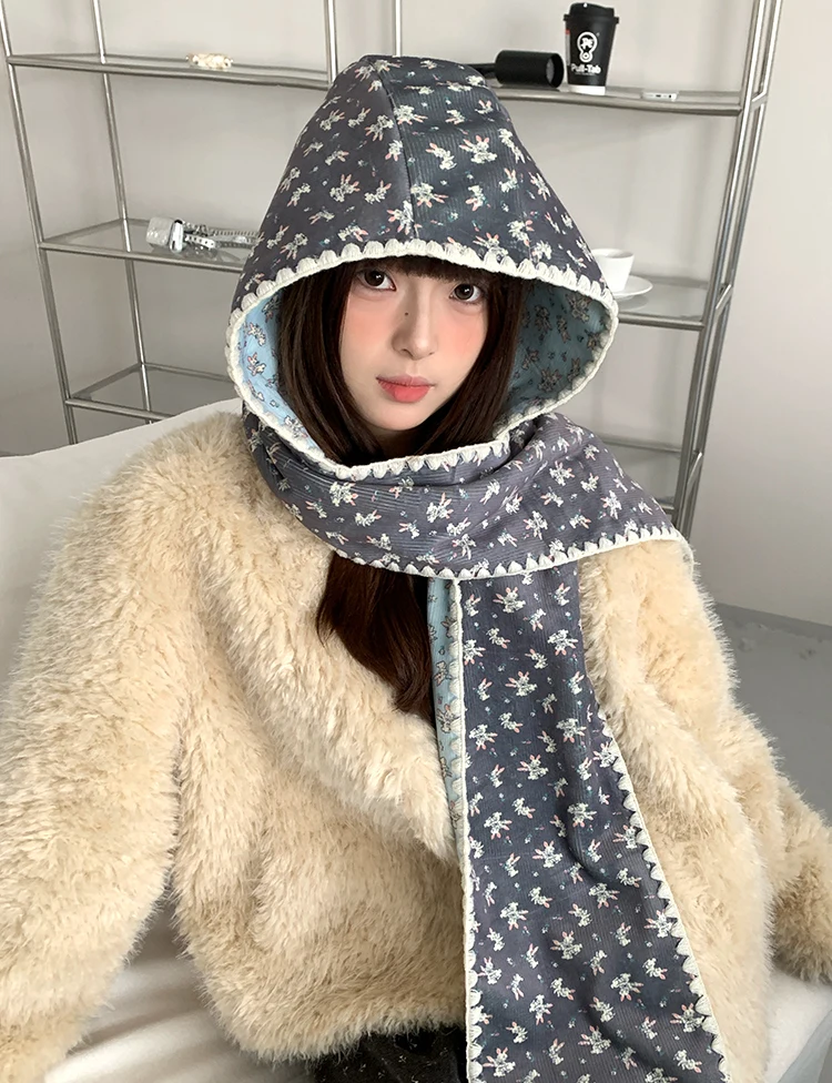 Double-Sided Cute Rabbit Hat With Scarf For Women Warm Hooded Earmuffs Scarf For Winter