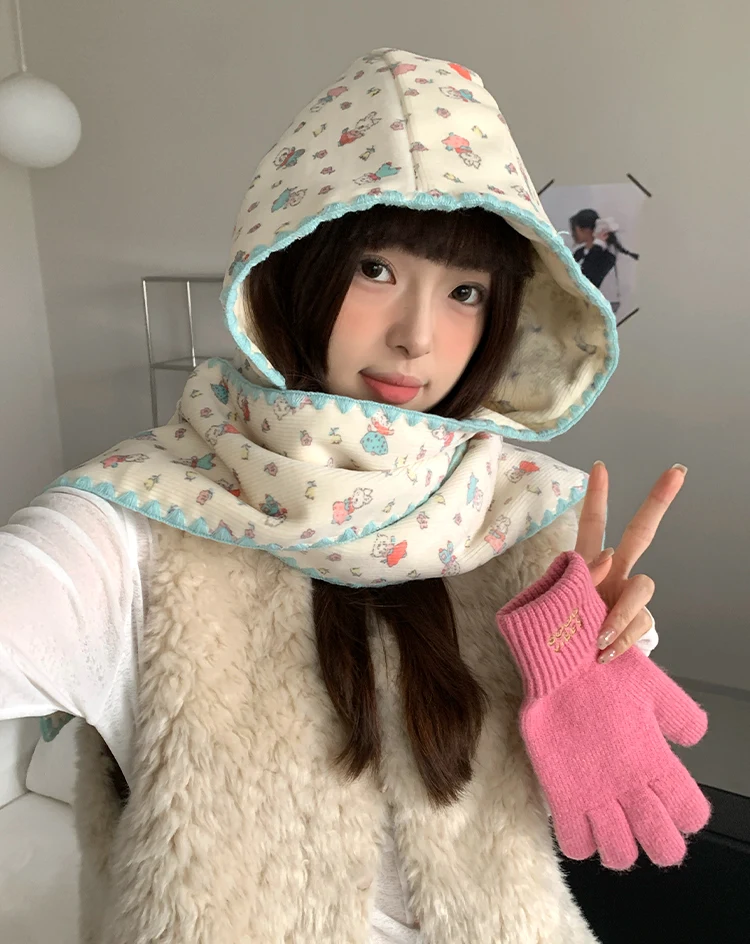 Double-Sided Cute Rabbit Hat With Scarf For Women Warm Hooded Earmuffs Scarf For Winter