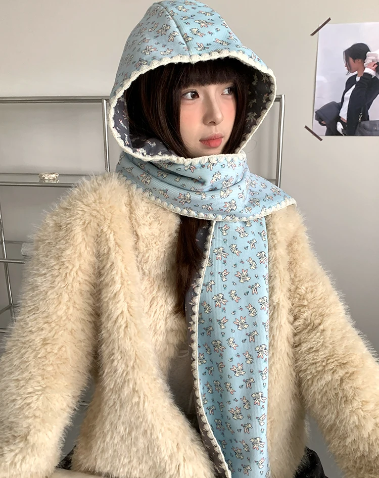 Double-Sided Cute Rabbit Hat With Scarf For Women Warm Hooded Earmuffs Scarf For Winter