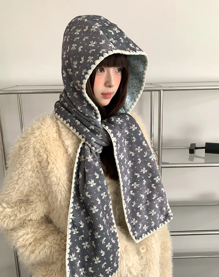 Double-Sided Cute Rabbit Hat With Scarf For Women Warm Hooded Earmuffs Scarf For Winter