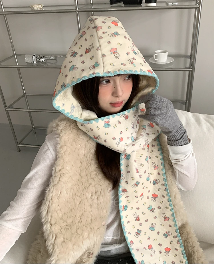 Double-Sided Cute Rabbit Hat With Scarf For Women Warm Hooded Earmuffs Scarf For Winter