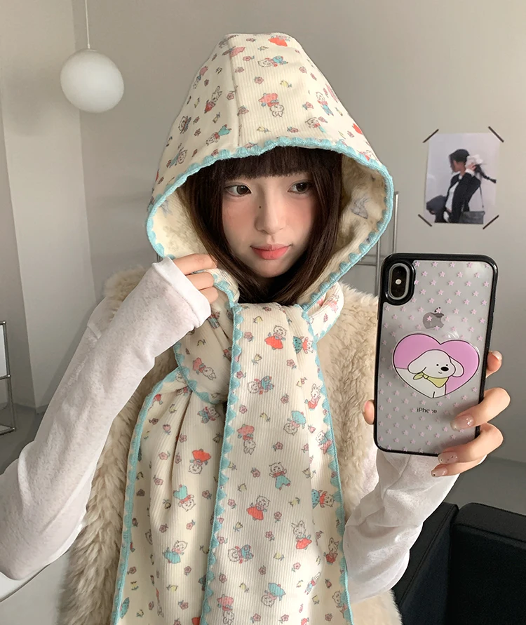 Double-Sided Cute Rabbit Hat With Scarf For Women Warm Hooded Earmuffs Scarf For Winter