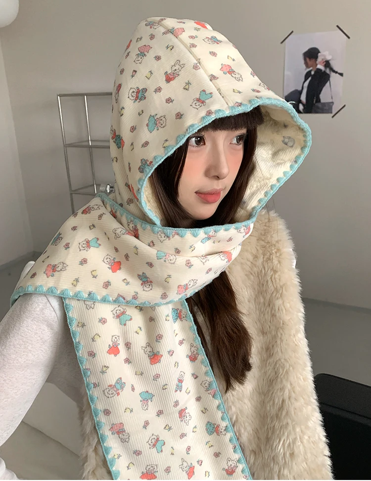 Double-Sided Cute Rabbit Hat With Scarf For Women Warm Hooded Earmuffs Scarf For Winter