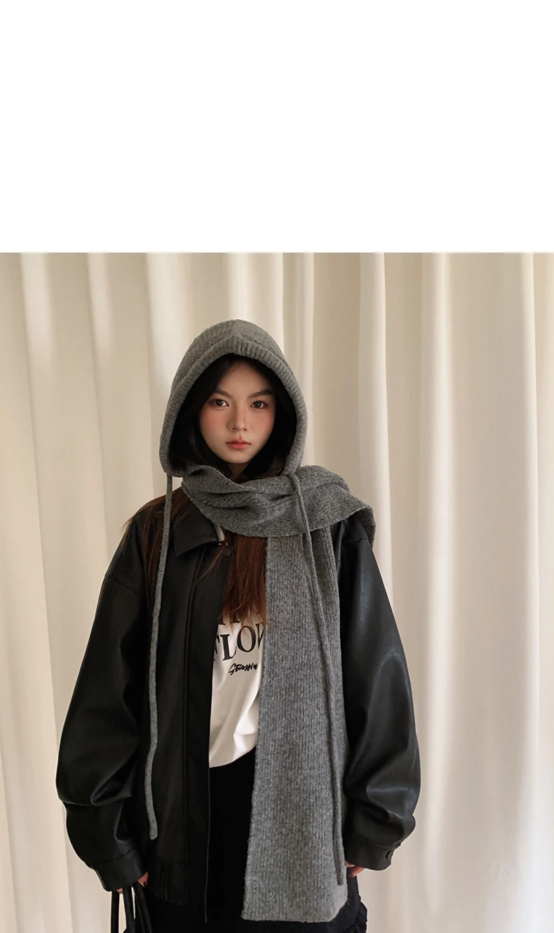 Thick And Warm Solid Color Hooded Scarf For Women Versatile And Korean-Style Student Scarf