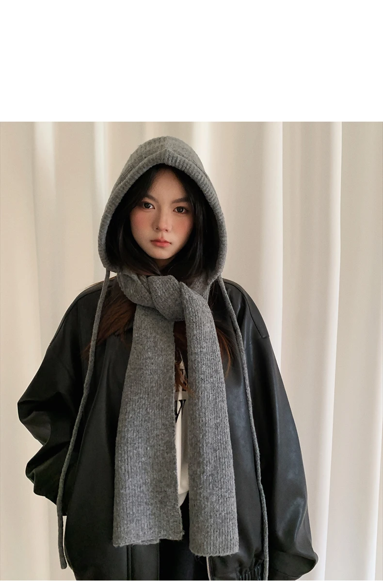 Thick And Warm Solid Color Hooded Scarf For Women Versatile And Korean-Style Student Scarf
