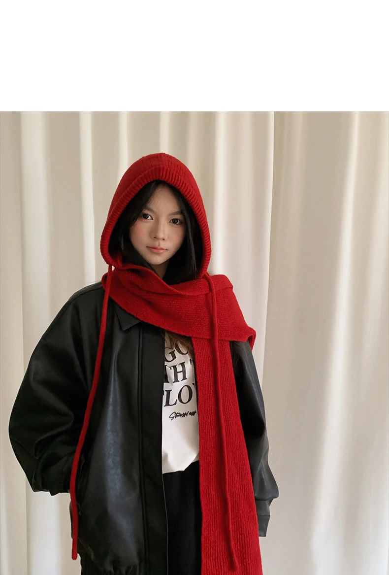Thick And Warm Solid Color Hooded Scarf For Women Versatile And Korean-Style Student Scarf